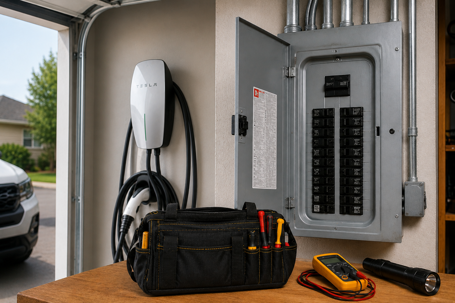Residential electrical panel and EV charger in a garage